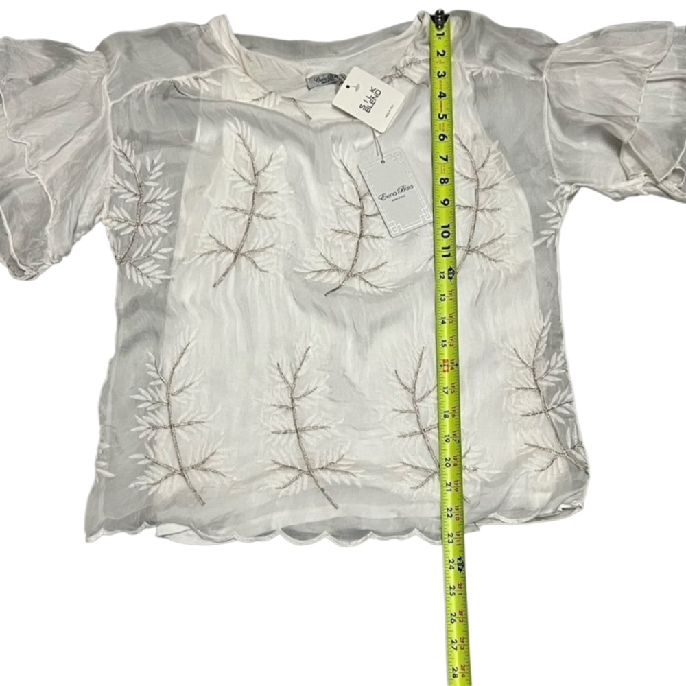 NWT Elena B Italy Silk Chiffon Silver Embroidered Floral Ruffle Relaxed Blouse S